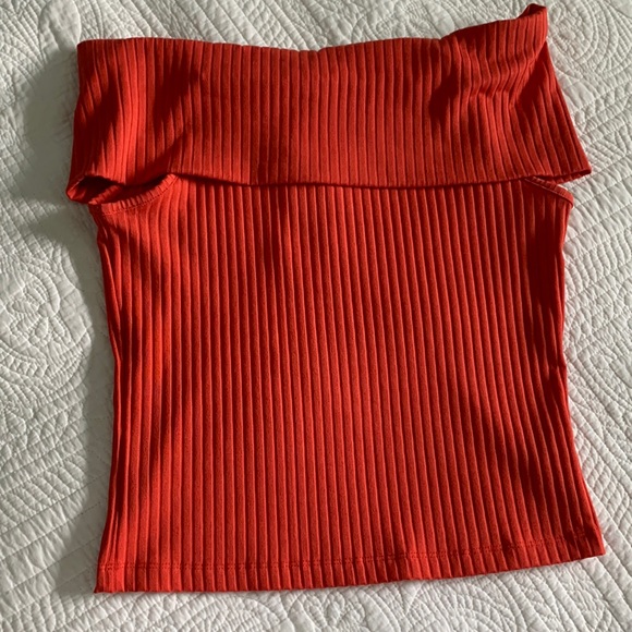 Red Orange Foldover Off the Shoulder Stretch Ribbed Top - ASOS - Picture 4 of 6